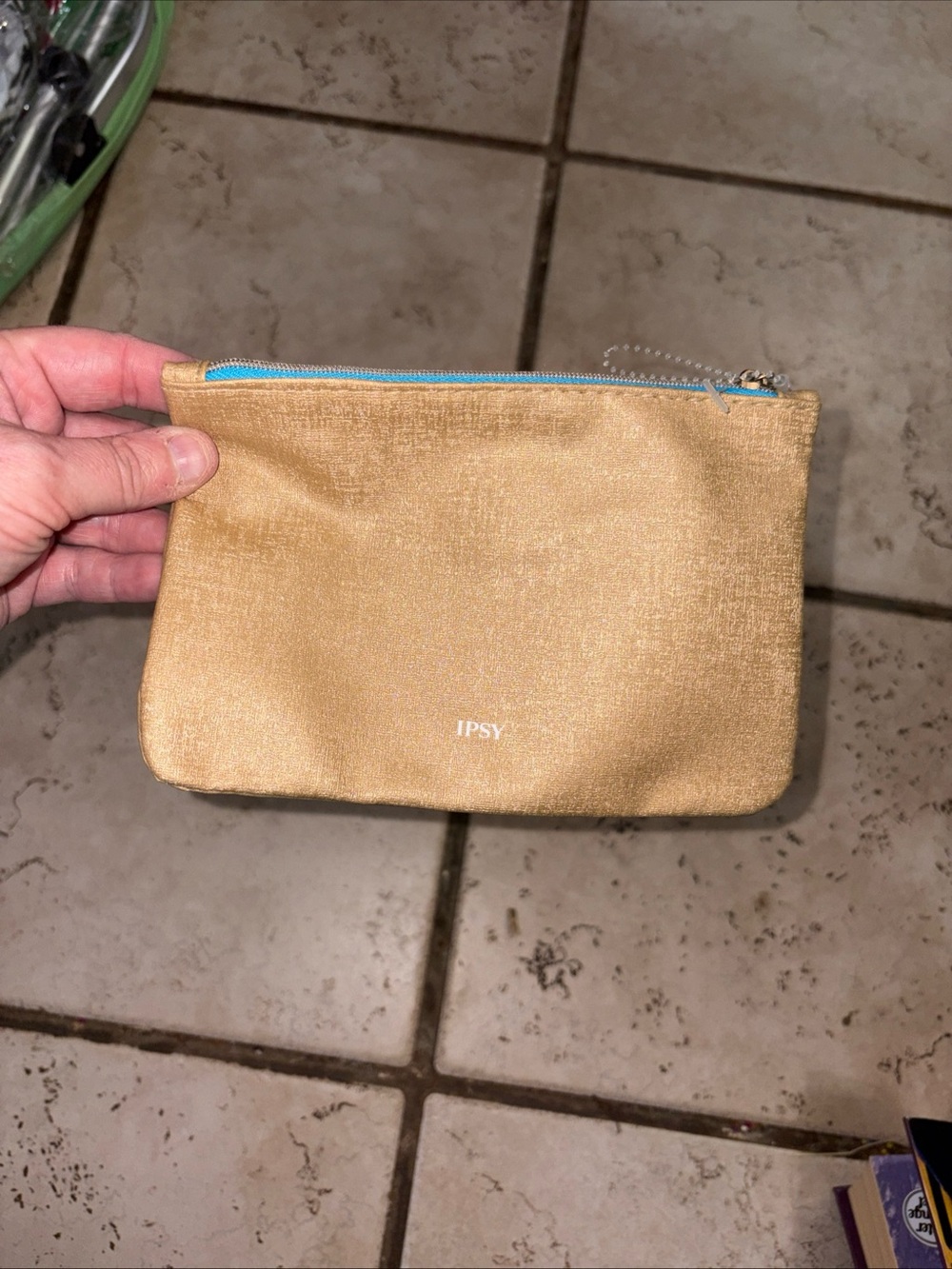 ipsy Gold Satin Cosmetic Pouch with Teal Accent Zipper